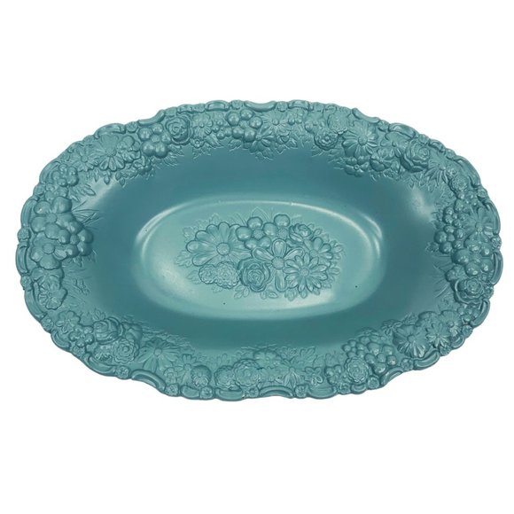 Vtg Trinket Dish Jewelry Tray Soap Blue Painted Metal High Relief Floral Ornate - Picture 2 of 10